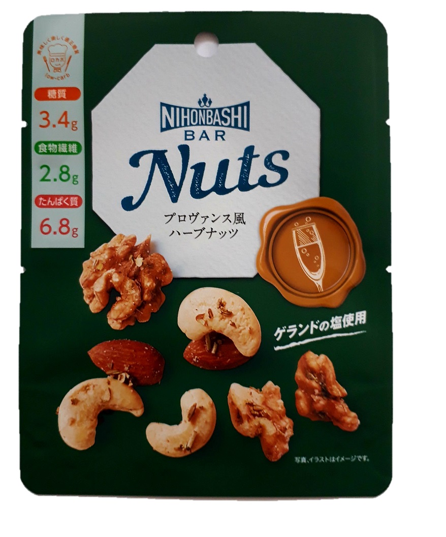 Nihonbashi Bar Nuts
프로방스풍 허브넛
３３ｇ
참고 소매 가격 240엔(세금 별도)
소미키　　　　180일 9월 신상품 소개
　　~니혼바시 과보~